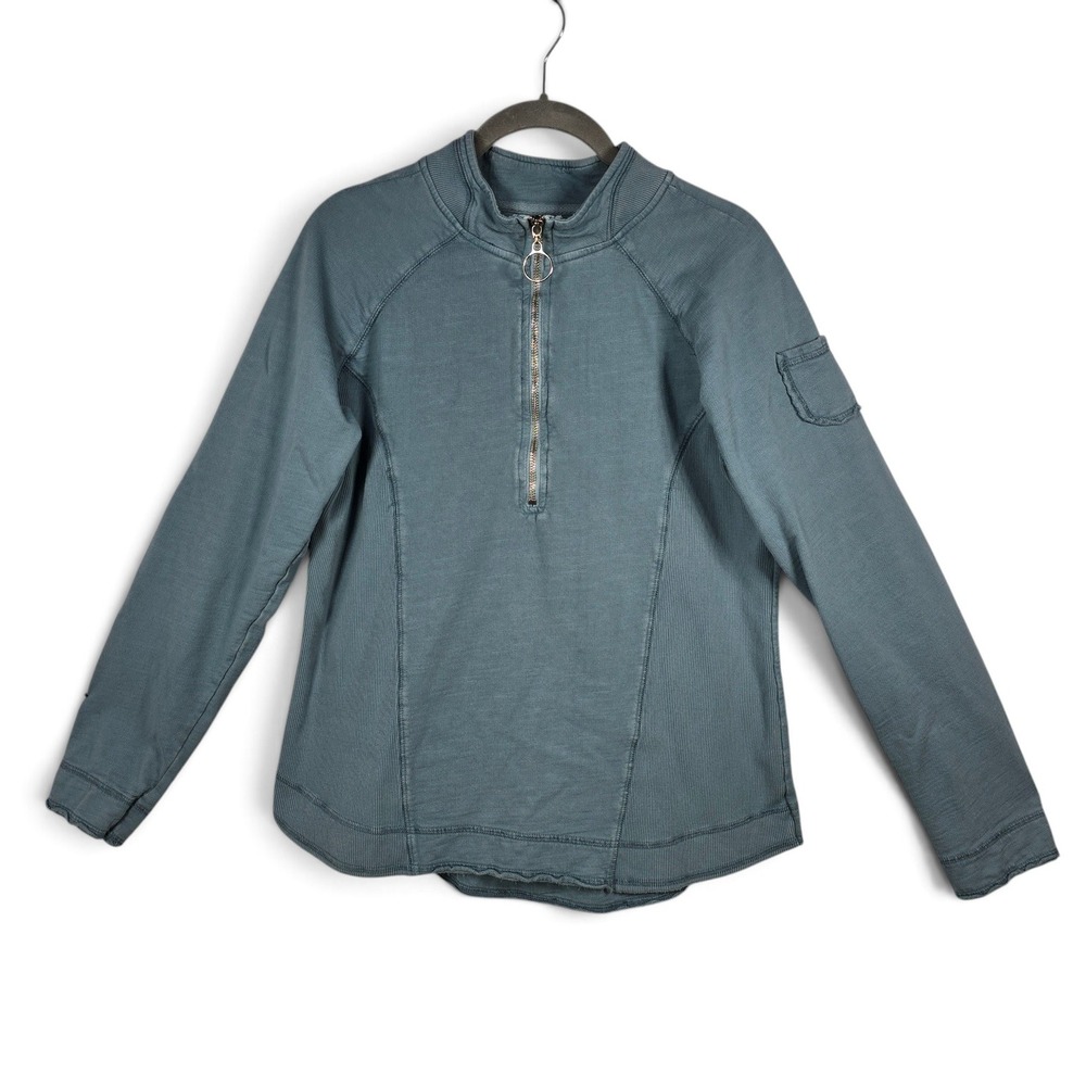 Calispia Pullover Womens Large Blue 1/4 Zip Cotton Slub Ribbed Pocket EUC USA